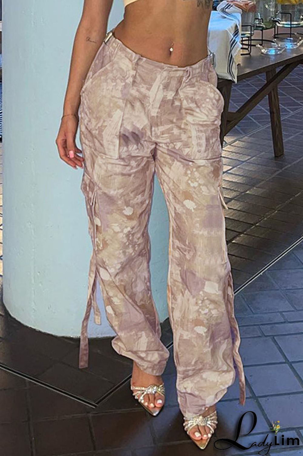 Army Green Street Print Bandage Patchwork Straight Straight Full Print Bottoms