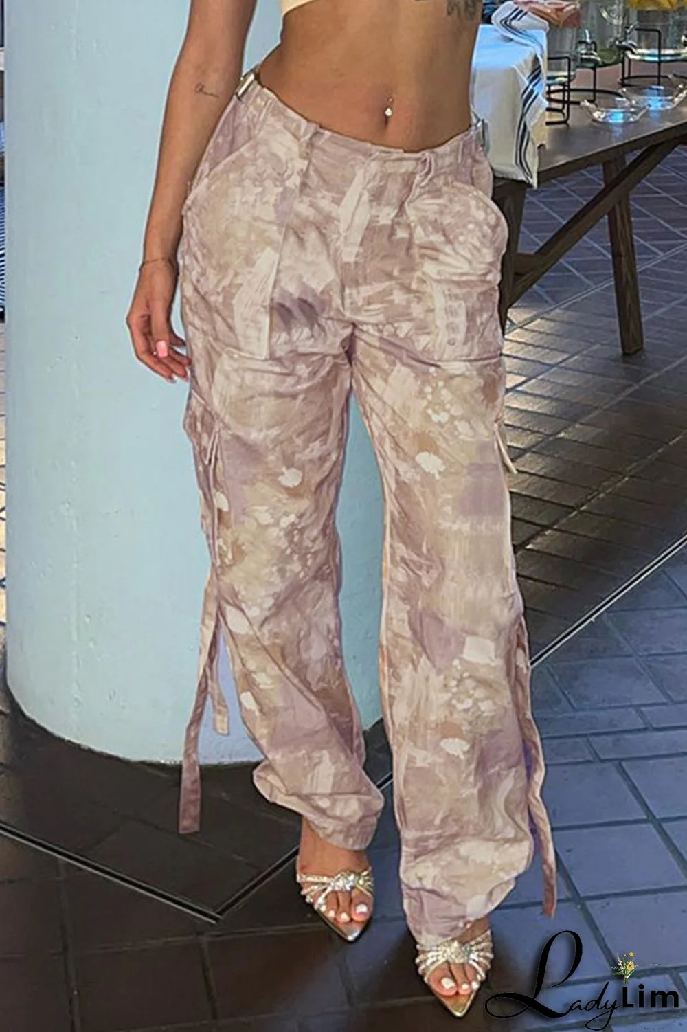 Army Green Street Print Bandage Patchwork Straight Straight Full Print Bottoms