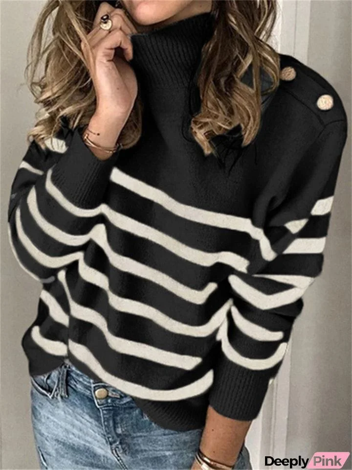 Comfortable Knitted Turtleneck Striped Sweater For Women