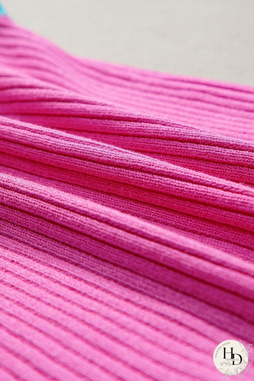 Bright Pink Ribbed Knit U Neck Tank Top with Colorblock Detail