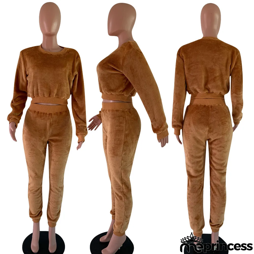 Solid Color Plush Long Sleeve Two Piece Suits