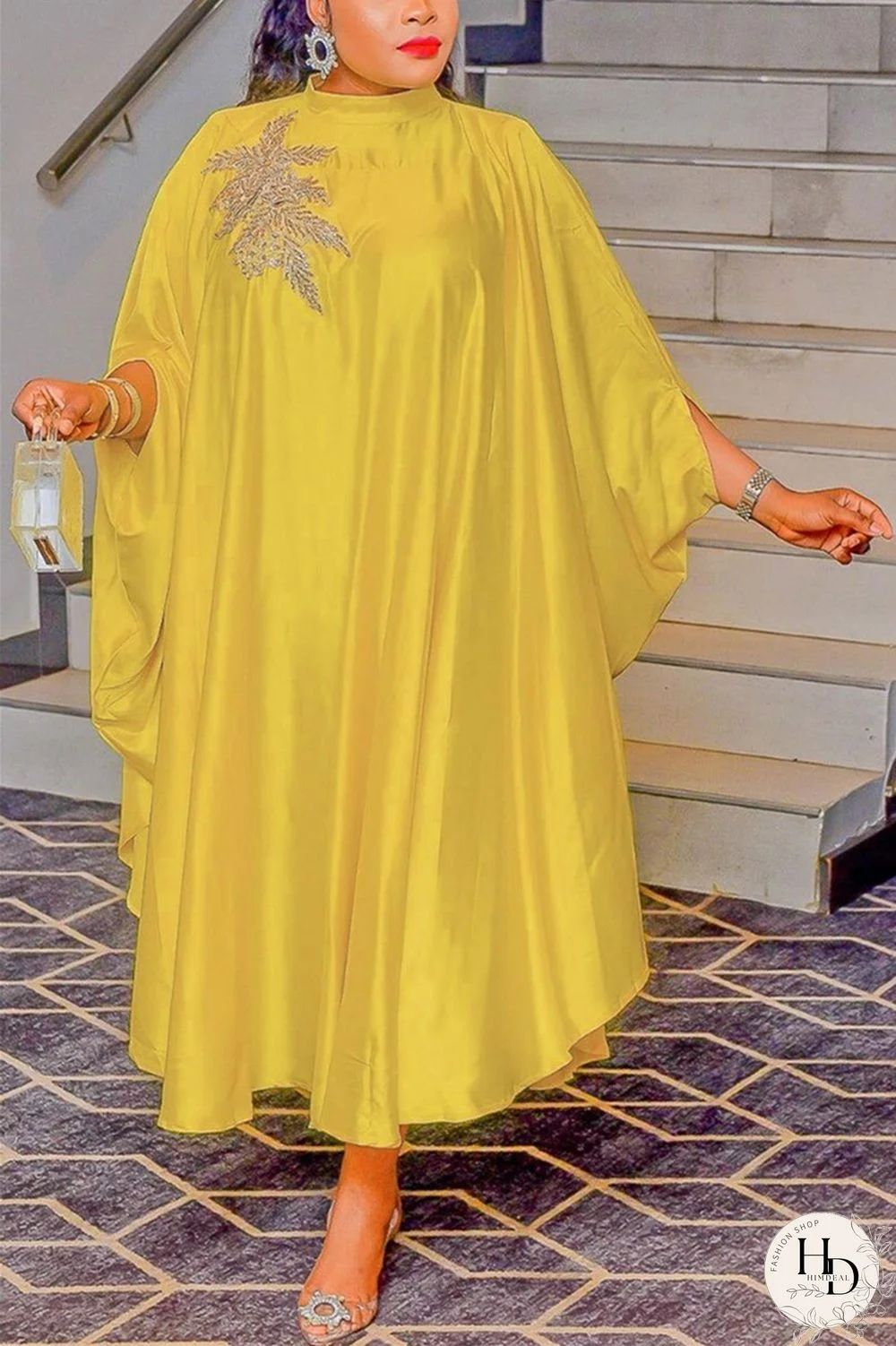 Yellow Casual Daily Solid Appliques Beading O Neck Long Dress Dresses