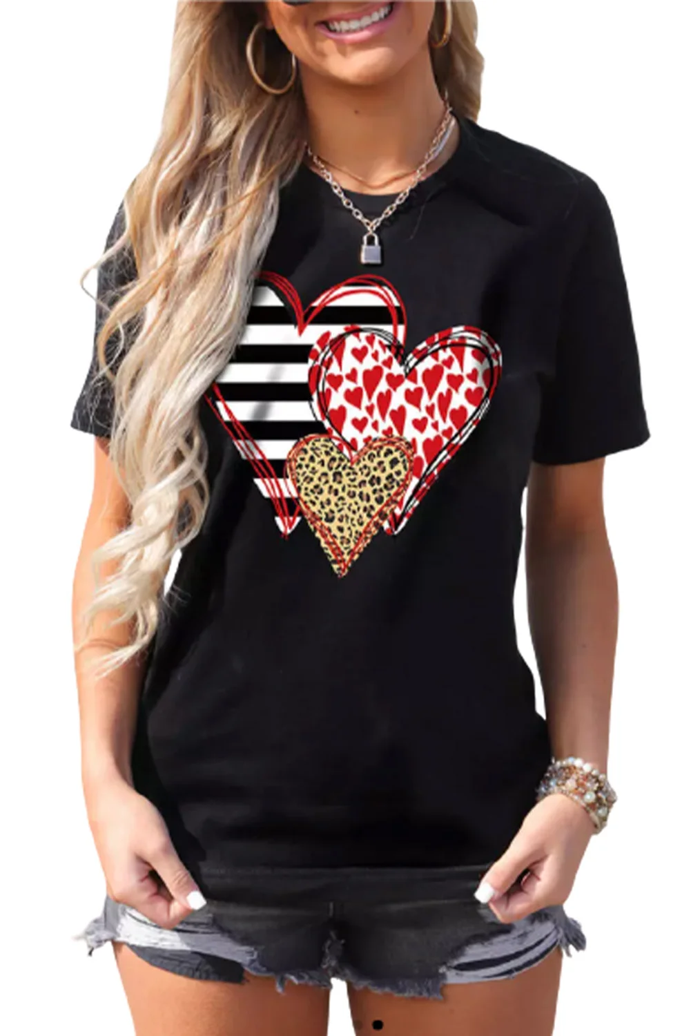Leopard Striped Heart Shaped Print Graphic Tee