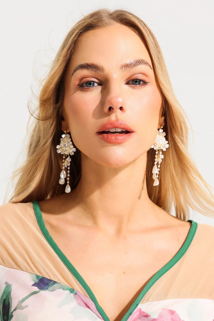 Floral Faux Pearl Tassel Drop Earrings