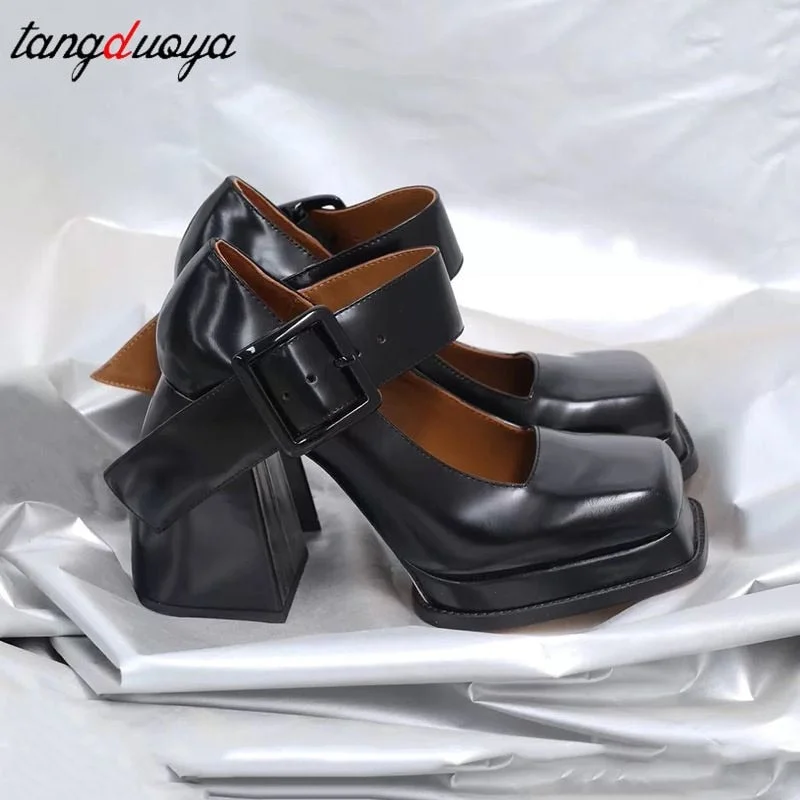 Thick Sole Mary Jane Shoes 2022 Spring Women's Square Toe Leather Shoes  High Heels Velcro Wedges Party Pumps Punk Shoes