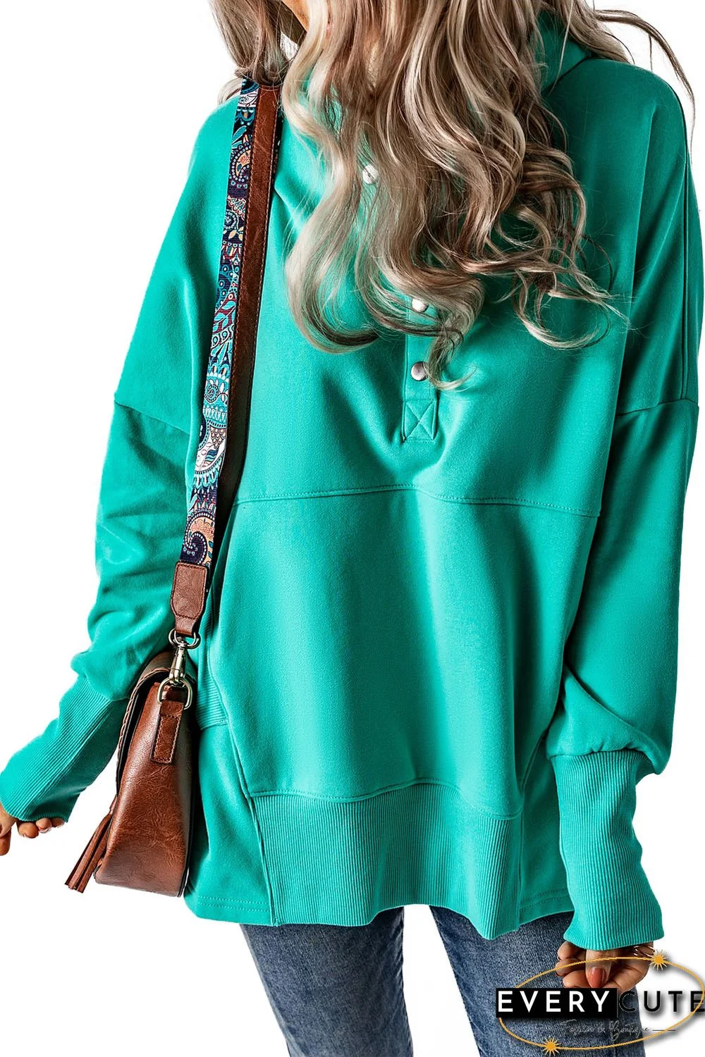 Turquoise Batwing Sleeve Pocketed Henley Hoodie