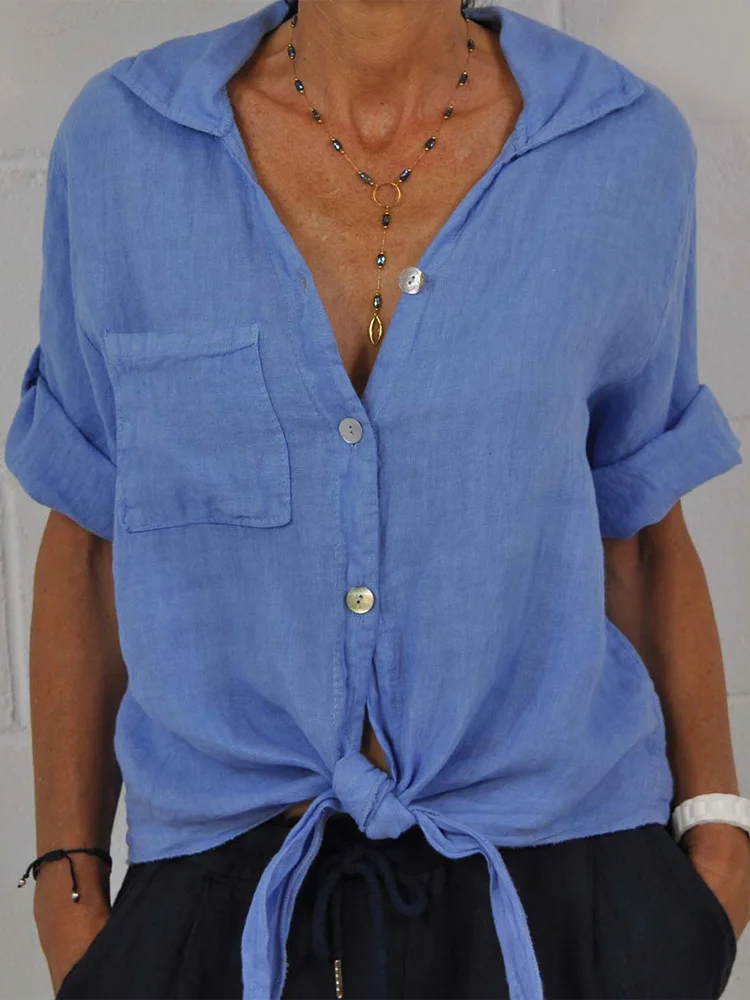 Solid Color Tie Front Casual Short Shirt