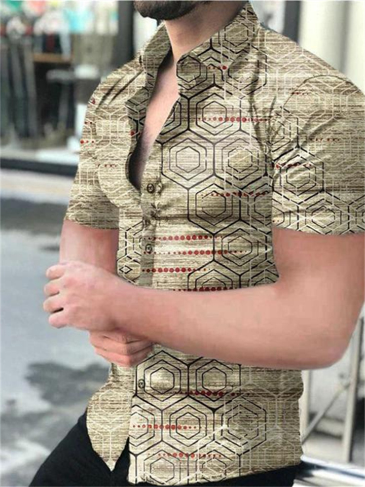 Summer Men's Polyester Casual Printing Short-sleeved Shirt Collar Cardigan Shirt-JRSEE