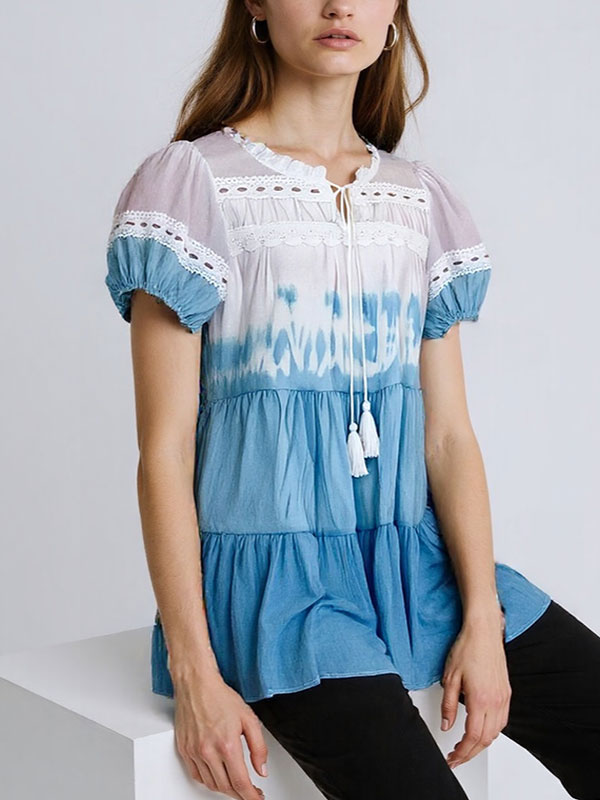 Hand-tie-dyed Short Sleeve Half-closed Collar Mini Dress