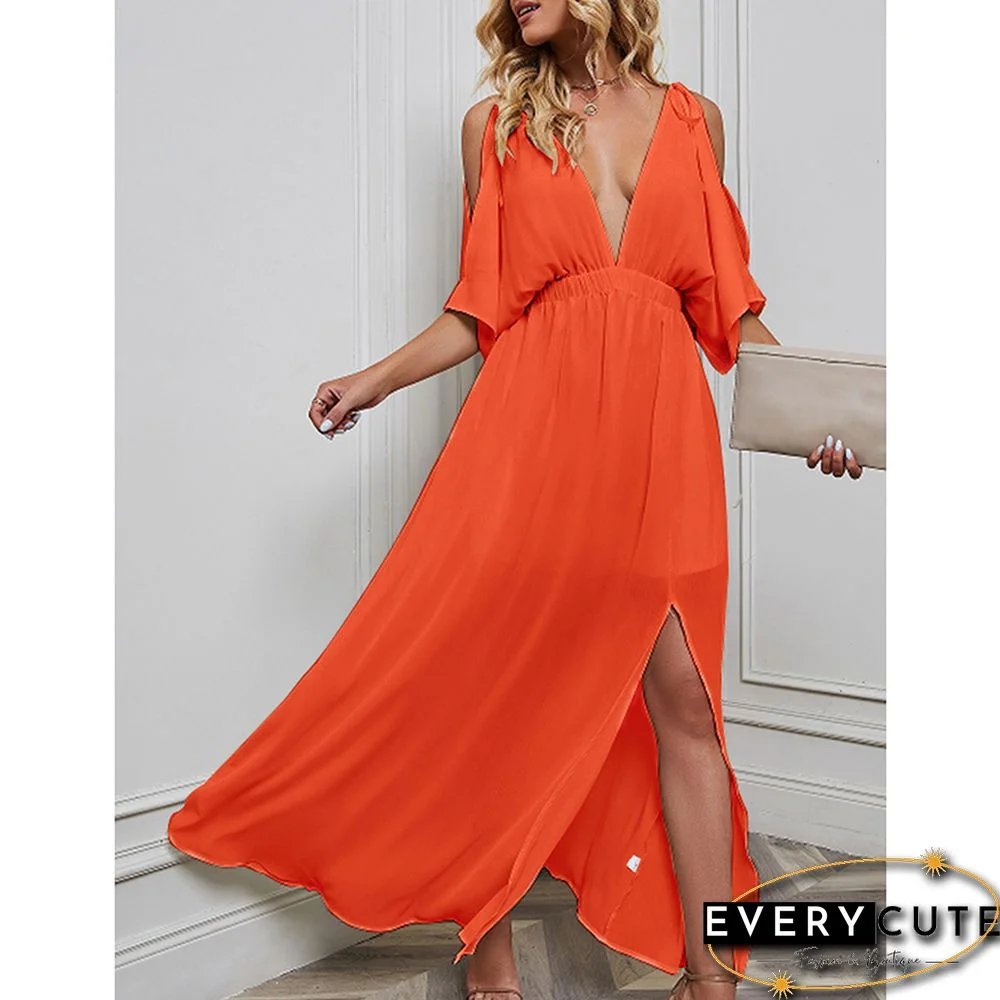 Orange Deep V Neck Chiffon Maxi Dress with Slit