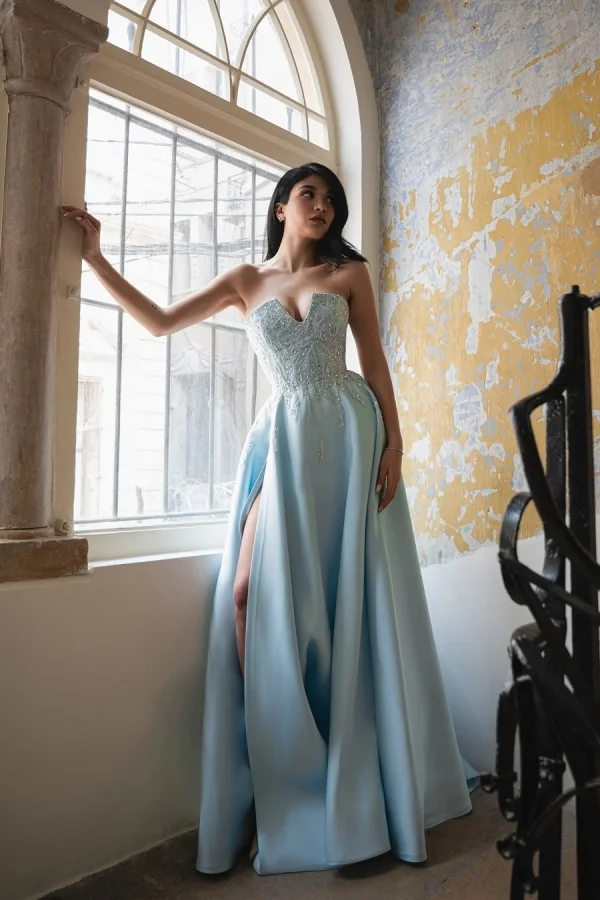 Luxurious Sky Blue Straight Across Beadings Sleeveless Split Prom Dress YK0135