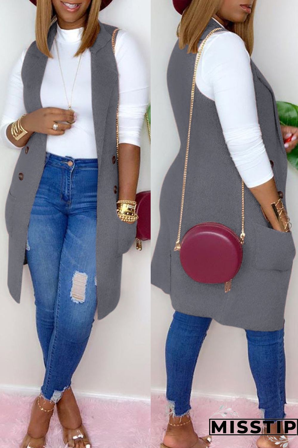 Grey Fashion Casual Solid Cardigan Turndown Collar Outerwear