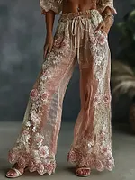 Women's Spring Roses Embroidered Art Print Flowy Linen Blend Casual Pants