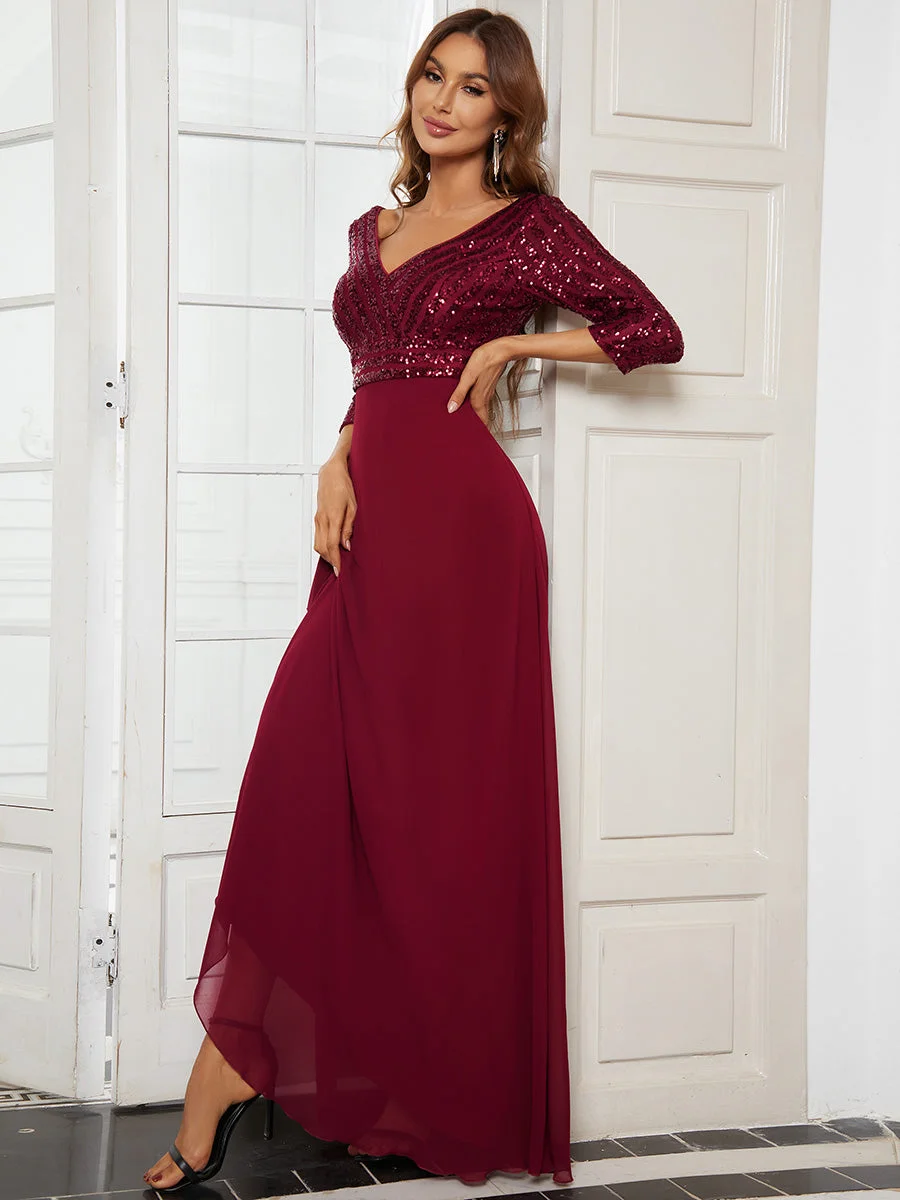 Sexy V Neck A-Line Sequin Wholesale Evening Dresses With 3/4 Sleeve