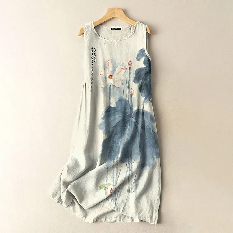 Vintage Japanese Ink Lotus Print Sleeveless Cotton And Linen Midi Dress