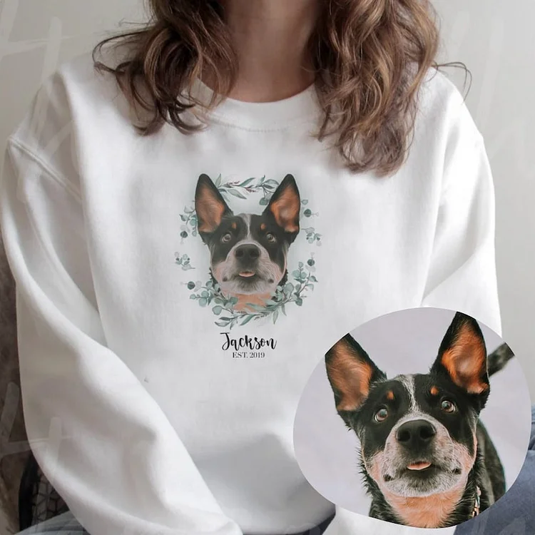Personalized Pet Face Printed T-shirt Sweatshirt Hoodie Using Photo Name Custom Portrait Floral Wreath