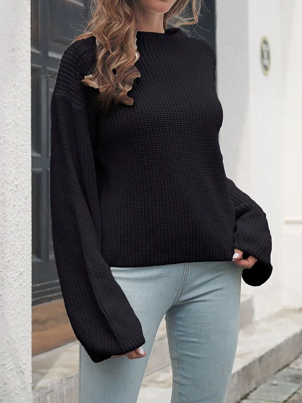 Split-Joint Solid Color Hollow Puff Sleeves Loose Round-Neck Sweater