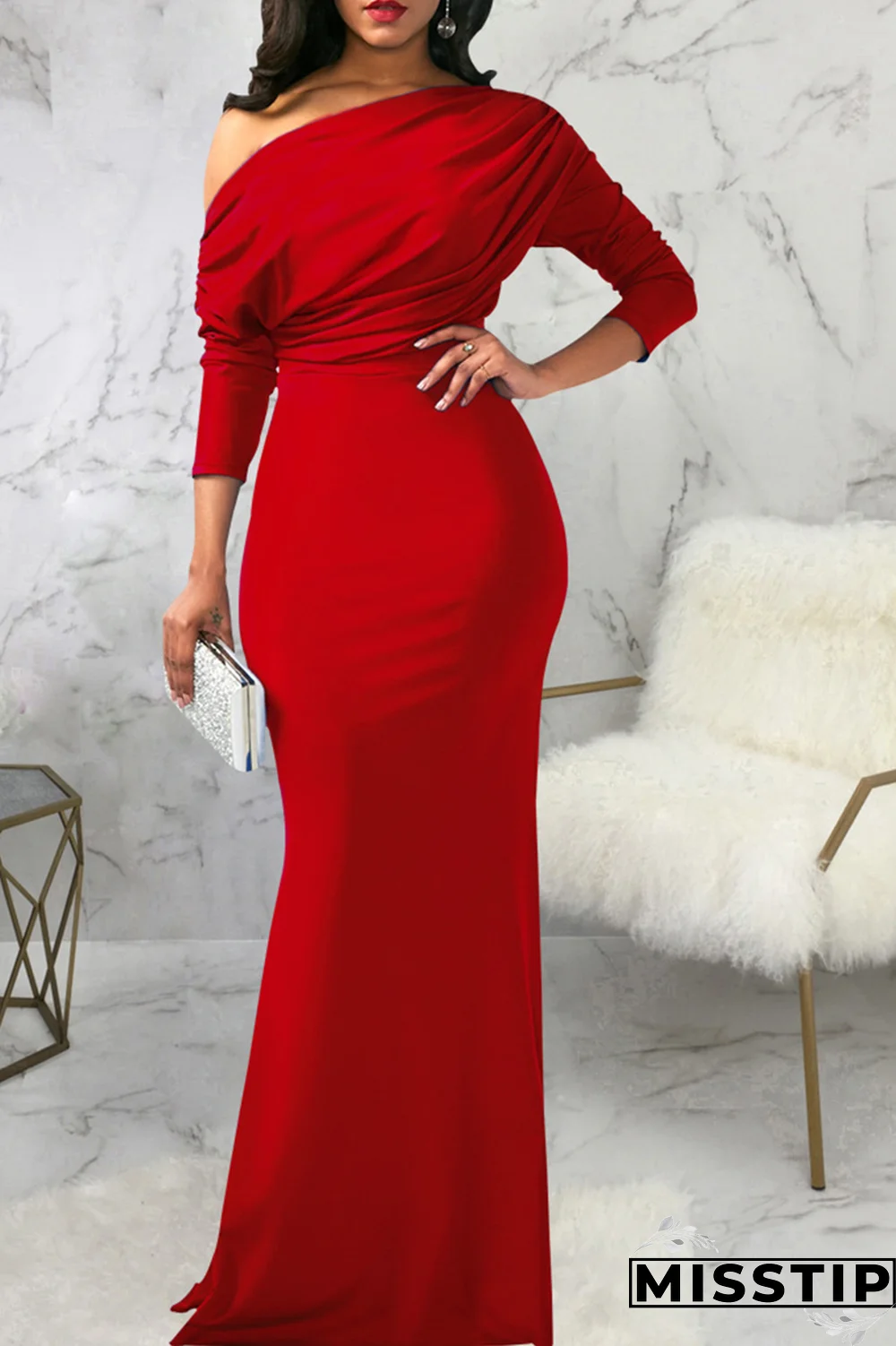 White Street Solid Patchwork One Shoulder Trumpet Mermaid Dresses