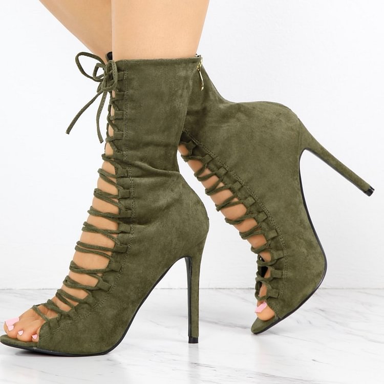 Women's Army Gree Lace Up Boots Fashion Peep Toe Suede Ankle Boots |FSJ Shoes