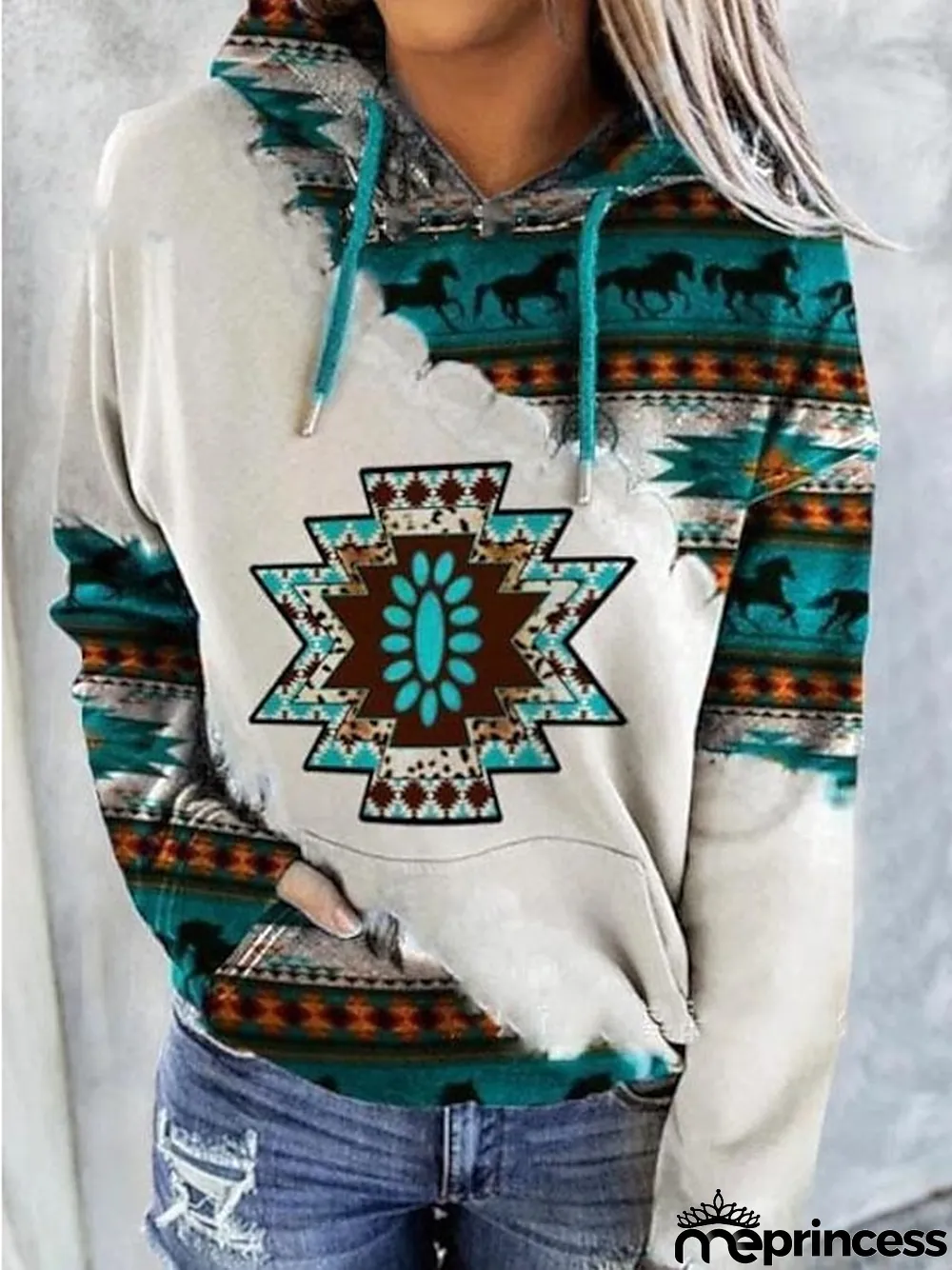 Women's Hoodie Sweatshirt Pullover Geometric Vintage Ethnic Street Casual Front Pocket Red Blue Green Vintage Ethnic Neon & Bright Hoodie Long Sleeve Top Micro-elastic Fall & Winter