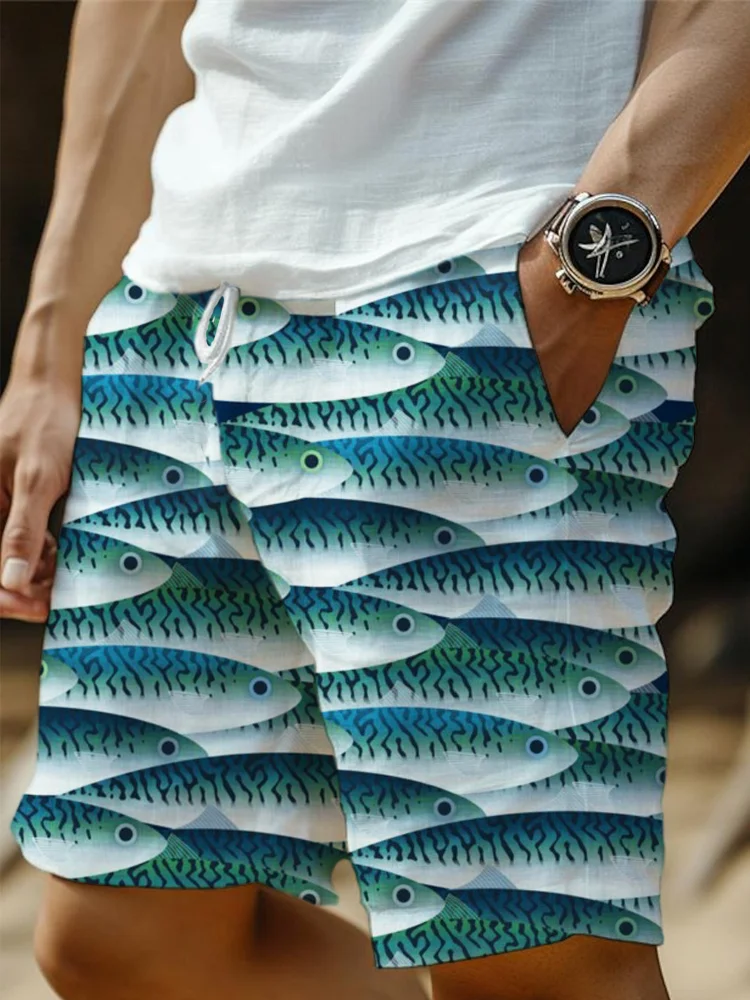 Ocean Fish Print Men's Linen Casual Shorts