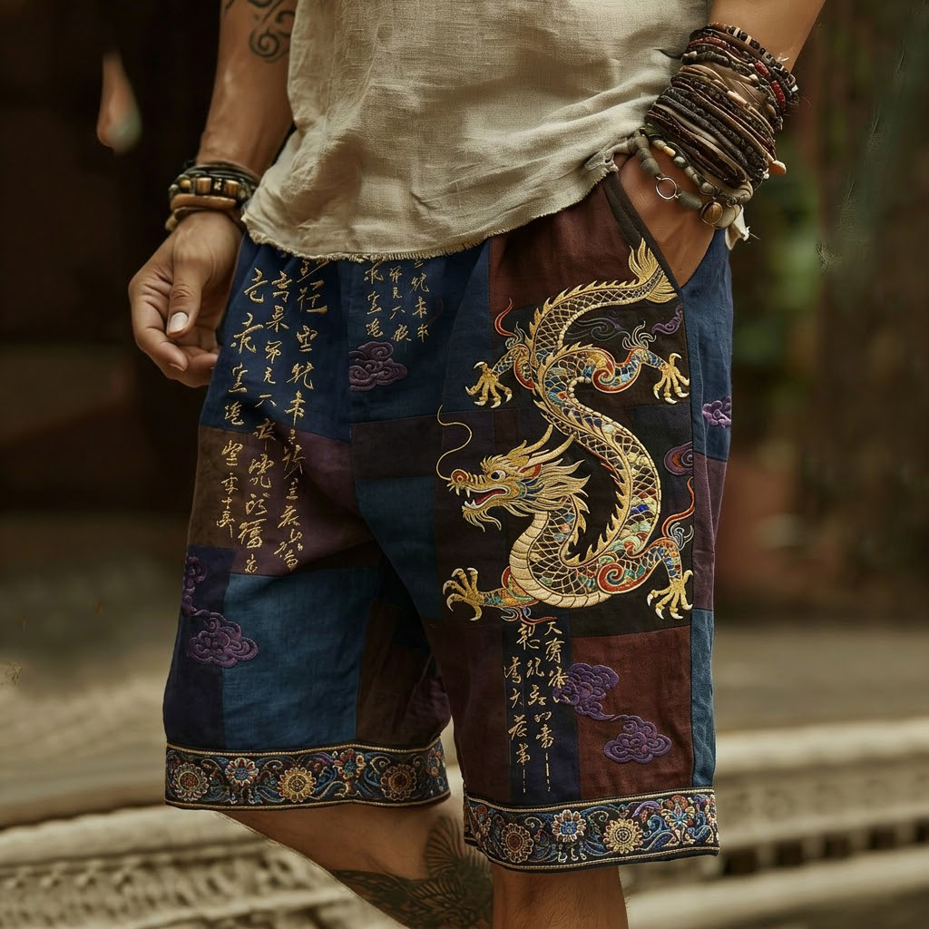 Men's Vintage Japanese Calligraphy Dragon Art Pattern Linen Blend Shorts  artssus