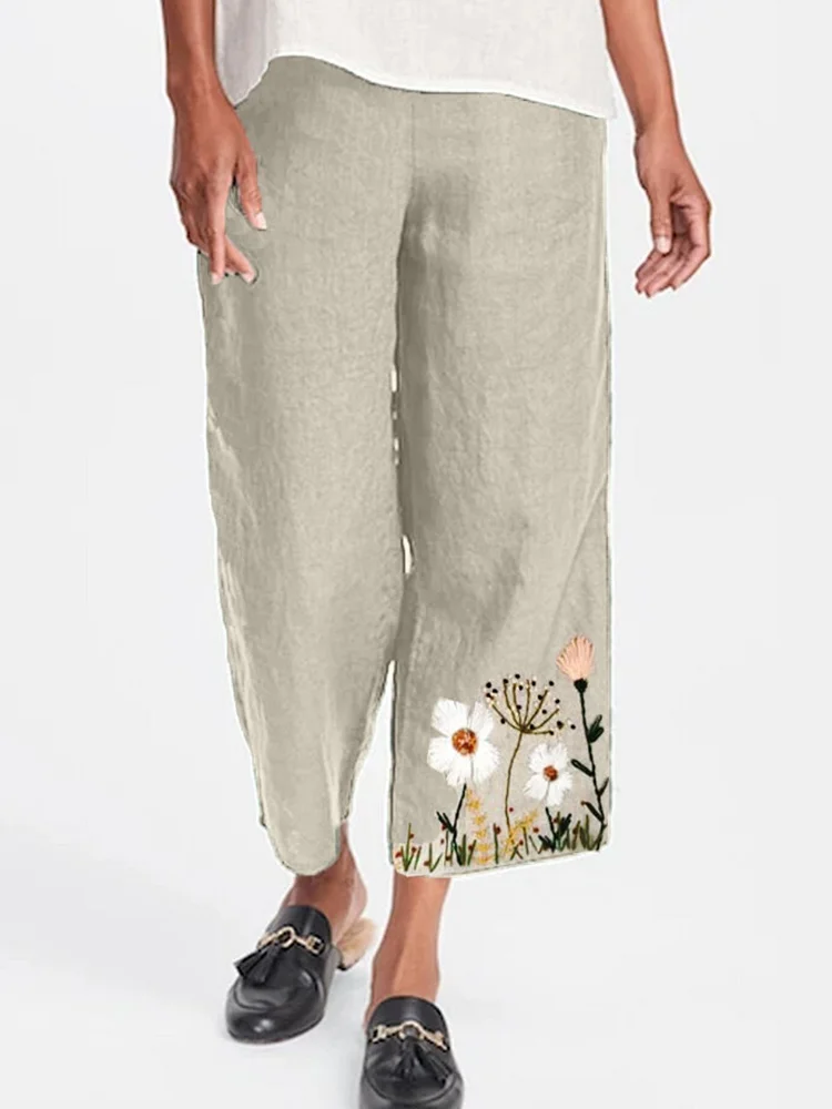 Gray Floral-Print Casual Cotton Pants