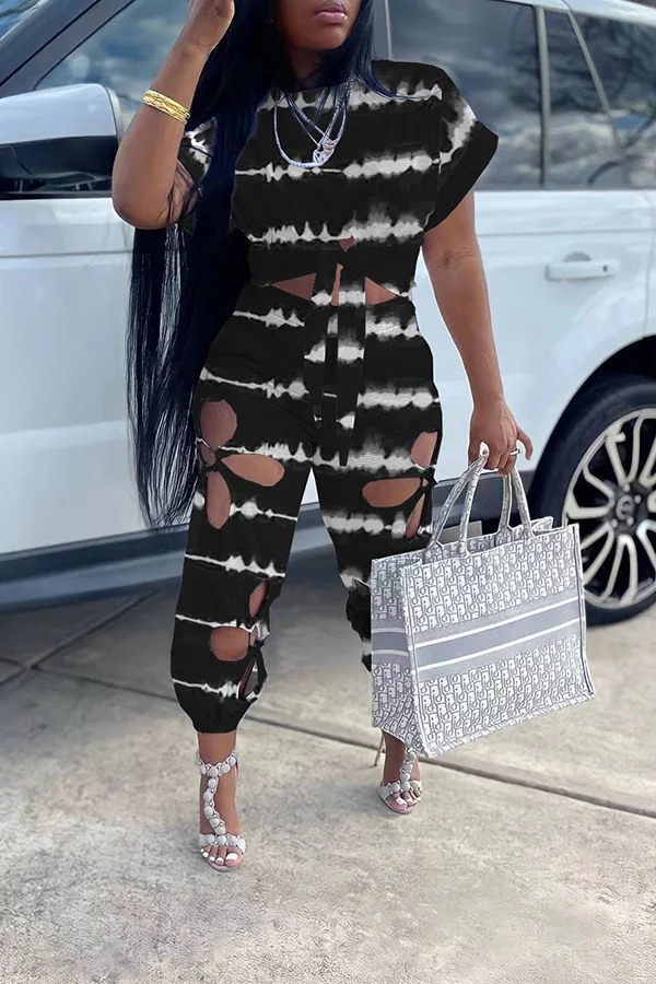 Print Flower Shape Cutouts Pants Set