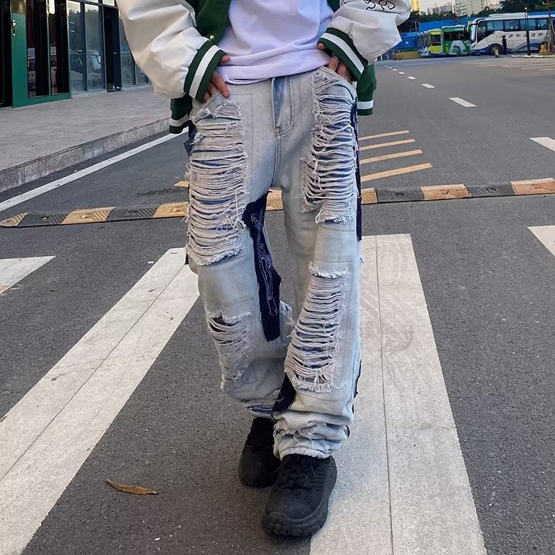 Ripped Embroidery Men's Hip Hop Oversized Streetwear Jeans-VESSFUL