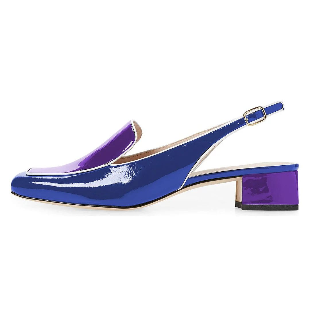 Navy & Purple Patent Leather Square Toe Slingback Loafer Heels