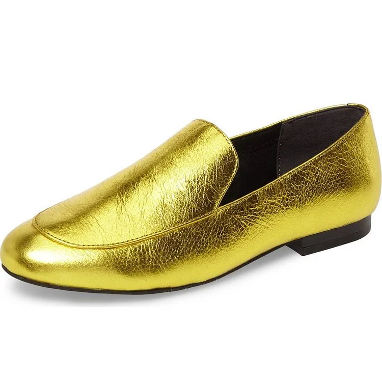 Gold Litchi Grain Almond Toe Loafers for Women |FSJ Shoes