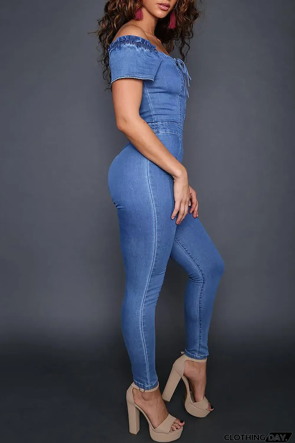 Blue Fashion Casual Solid Backless Off the Shoulder Regular Jumpsuits