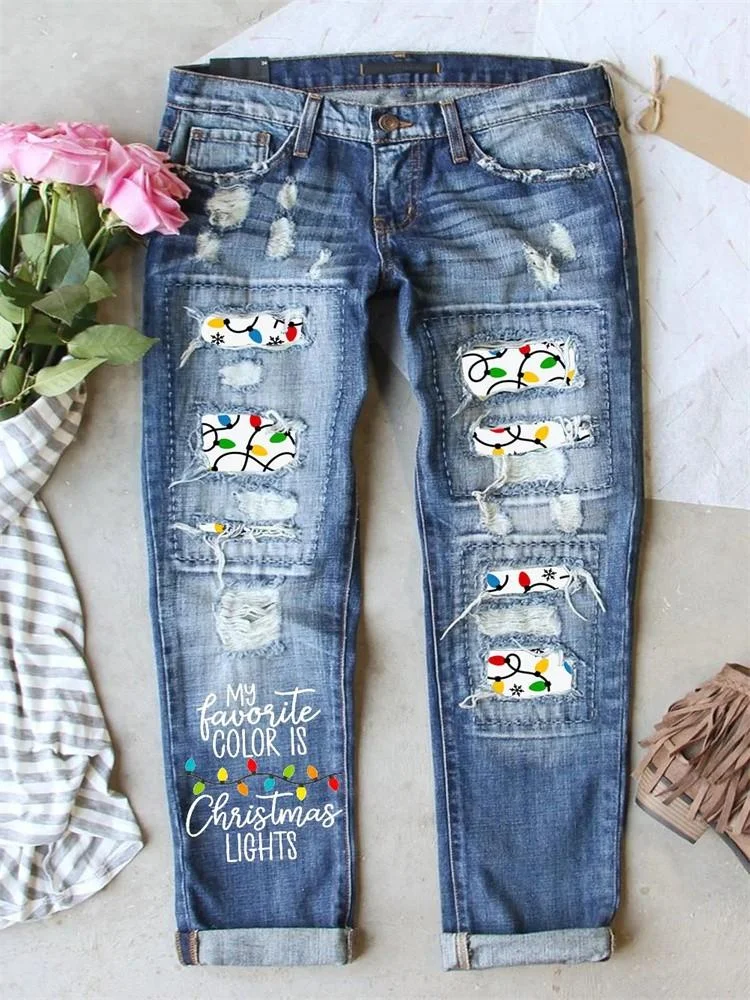 Christmas Light Ripped Casual Denim Jeans
