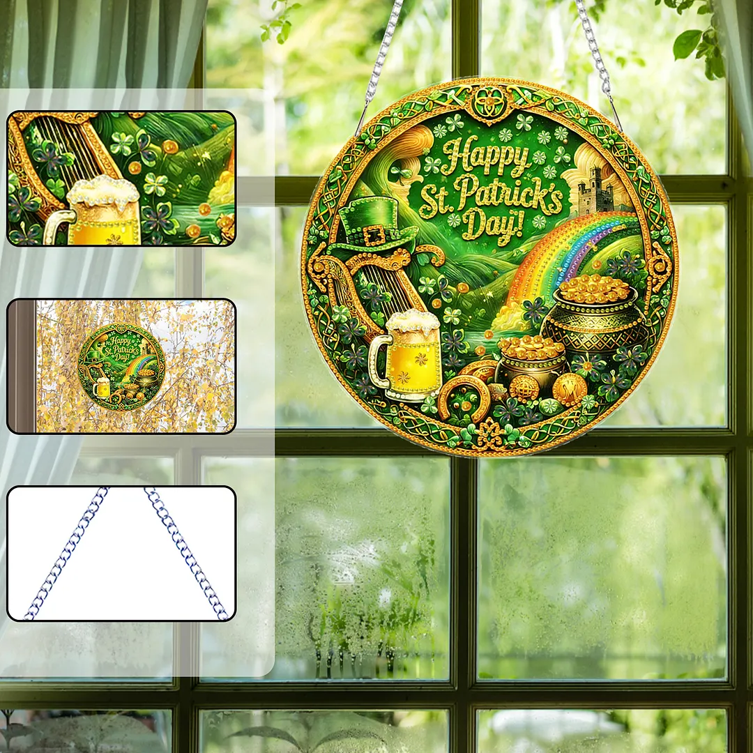 St Patricks Day DIY 2D Flat Acrylic Diamond Painting Kits 5D Diamond Art Painting Window Pendants for Home Garden Wall Decoration