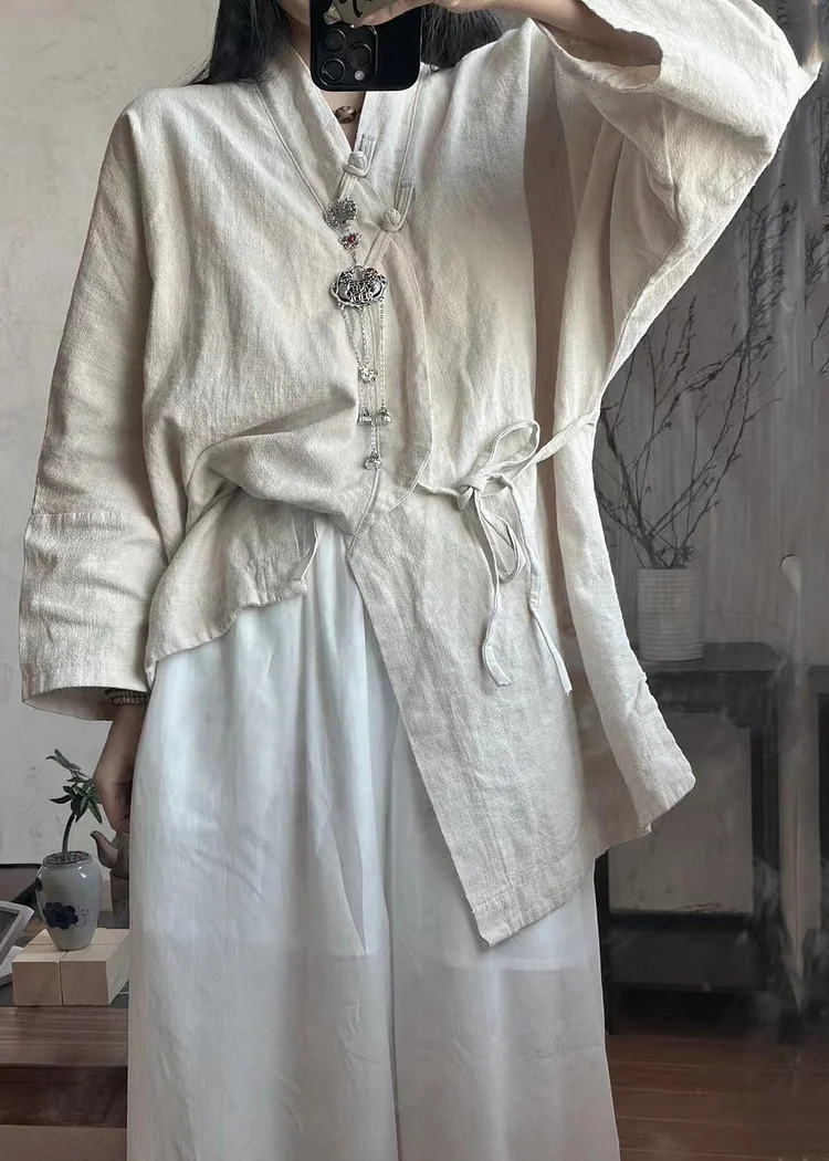 Vintage White Oversized Chinese Button Lace Up Linen Shirt Top Long Sleeve