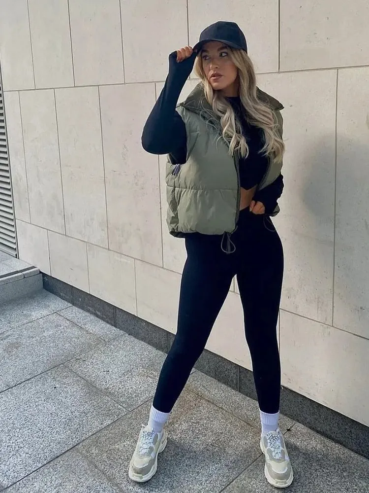 Autumn Winter Women Chic Green Pleated Double Wear Vest Jacket Female Fashion Zipper Sleeveless Coat Girls Casual Streetwear