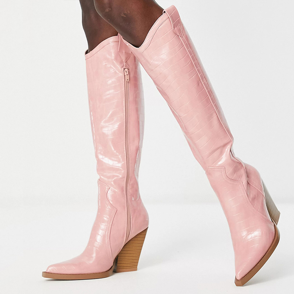 Pink Closed Toe 3'' Chunky Heel Knee High Cowgirl Boots Nicepairs