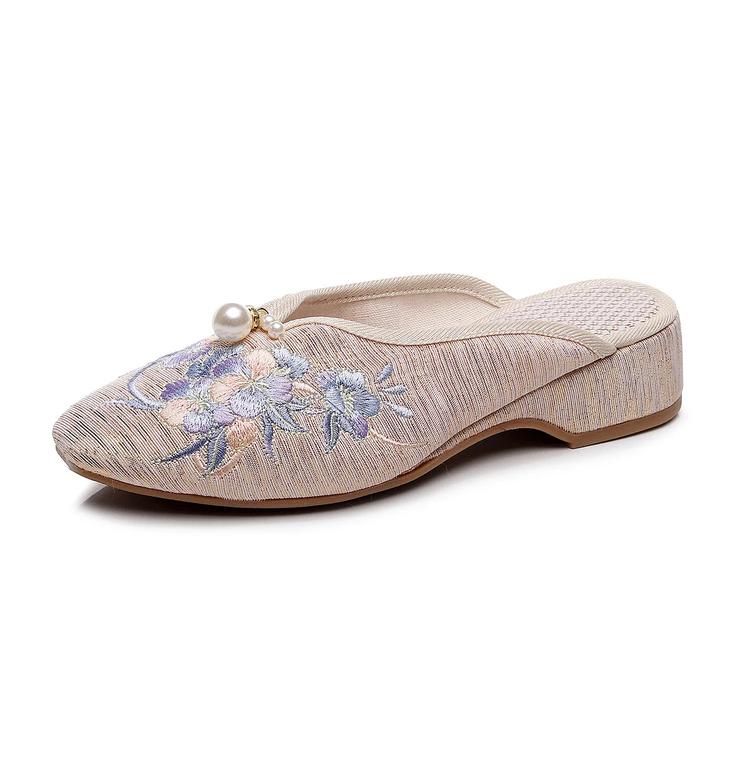 Zingj Zingj Plus Size Slippers Women's Summer Low Slope Heel Platform Sandals Embroidery Flower Women's Sandals Slippers Pointed Fashion Nail Beads
