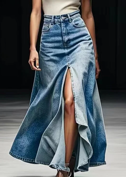 Plus Size Blue Pockets Side Open Denim Maxi Skirts Summer