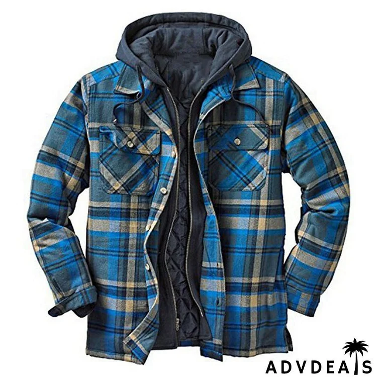 Men Autumn And Winter Thickened Plaid Print Loose Hooded Jacket