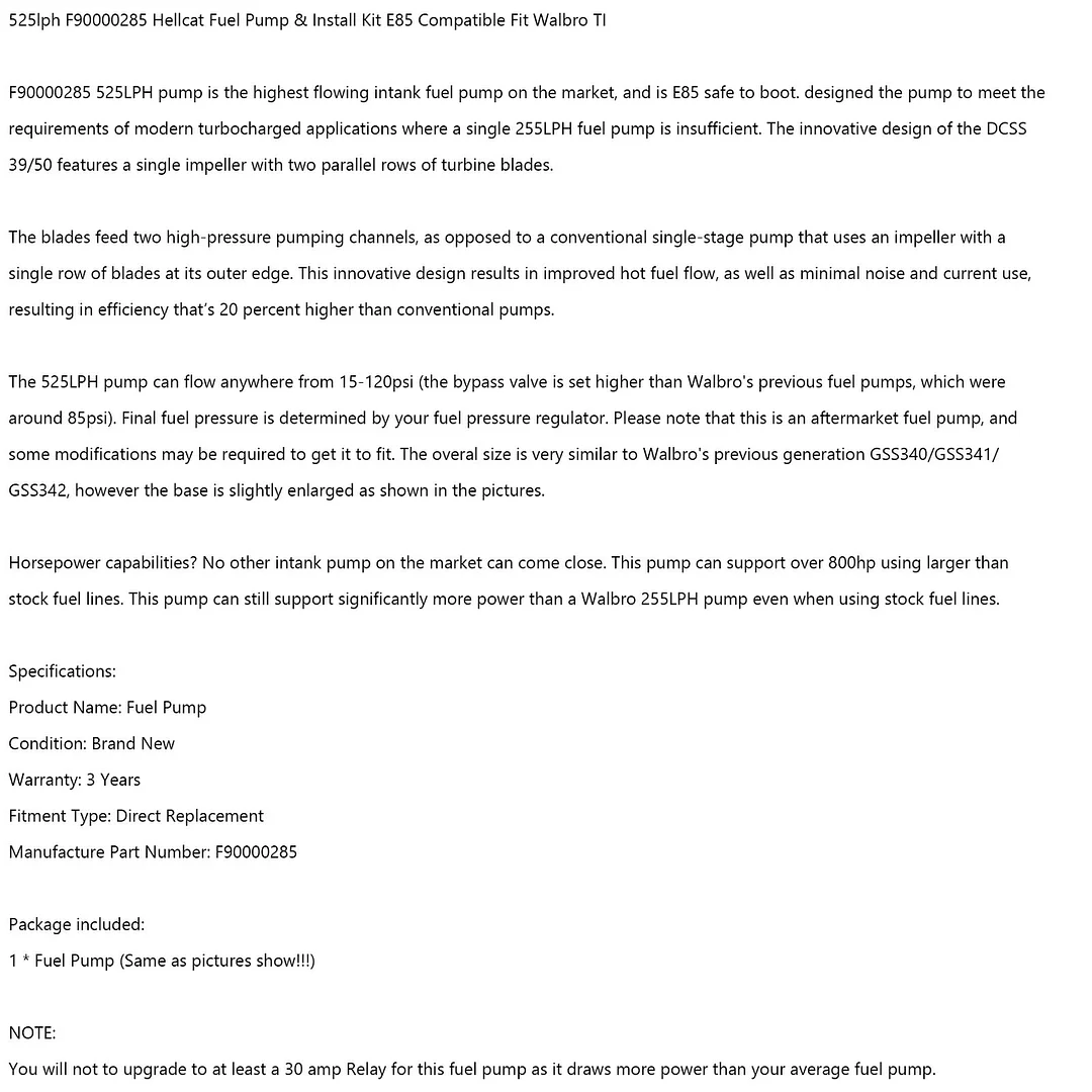 Garlaven 525lph F90000285 for Hellcat Fuel Pump & Install Kit E85 Compatible Fit Walbro TI