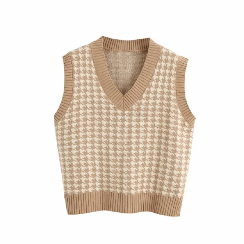Women Sweater Vest 2020 Autumn Knitted Houndstooth V-Neck Pullover Fashion Oversized Sleeveless Female Waistcoat Jumper Tops