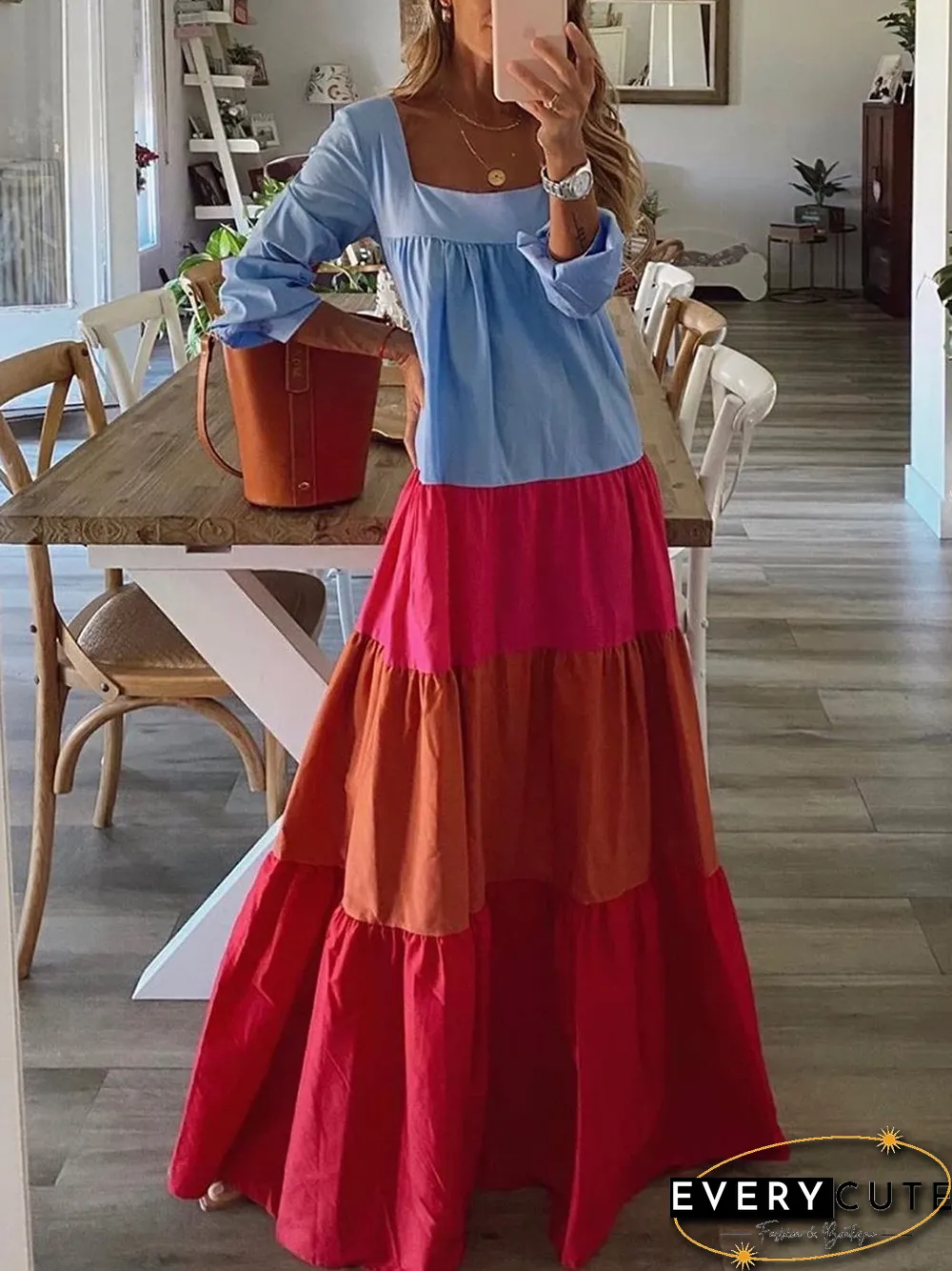 Sexy Vacation Colorful Color Block Dress P14699