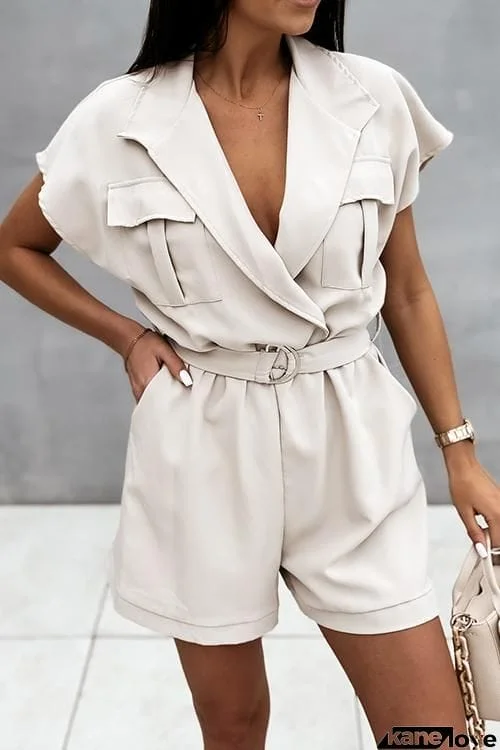 Lapel Pockets Bleted Romper