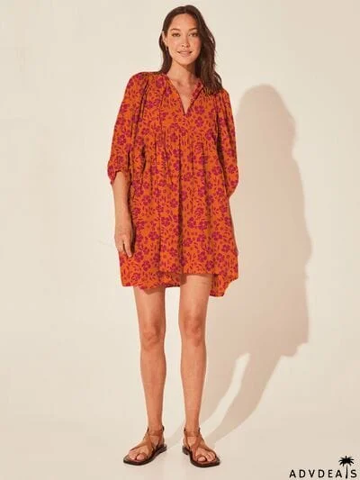 Floral Tie Neck Balloon Sleeve Dress