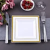 10 Pack | 7" Gold Trim White Plastic Square Dessert Plates, Disposable Appetizer Salad Plates