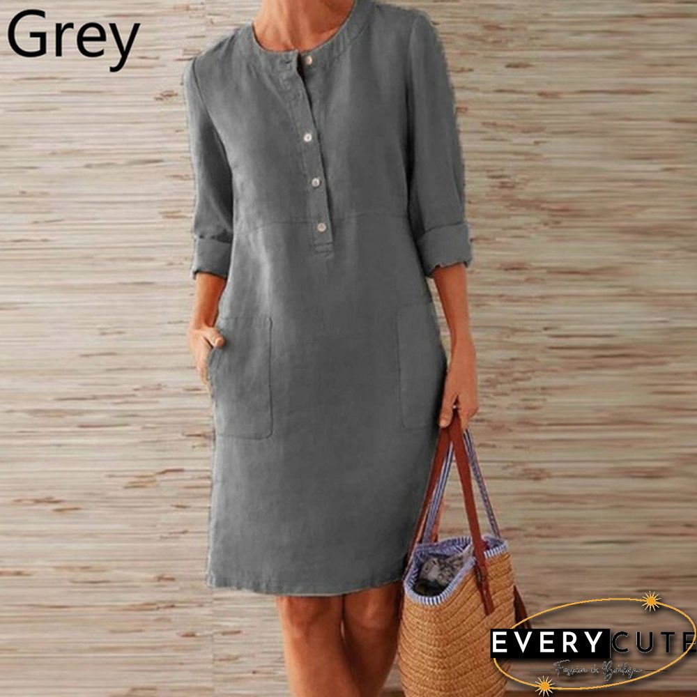 Women Casual Round Neck Dress Cotton And Linen Loose Botton Plus Size Long Sleeve Midi Dress