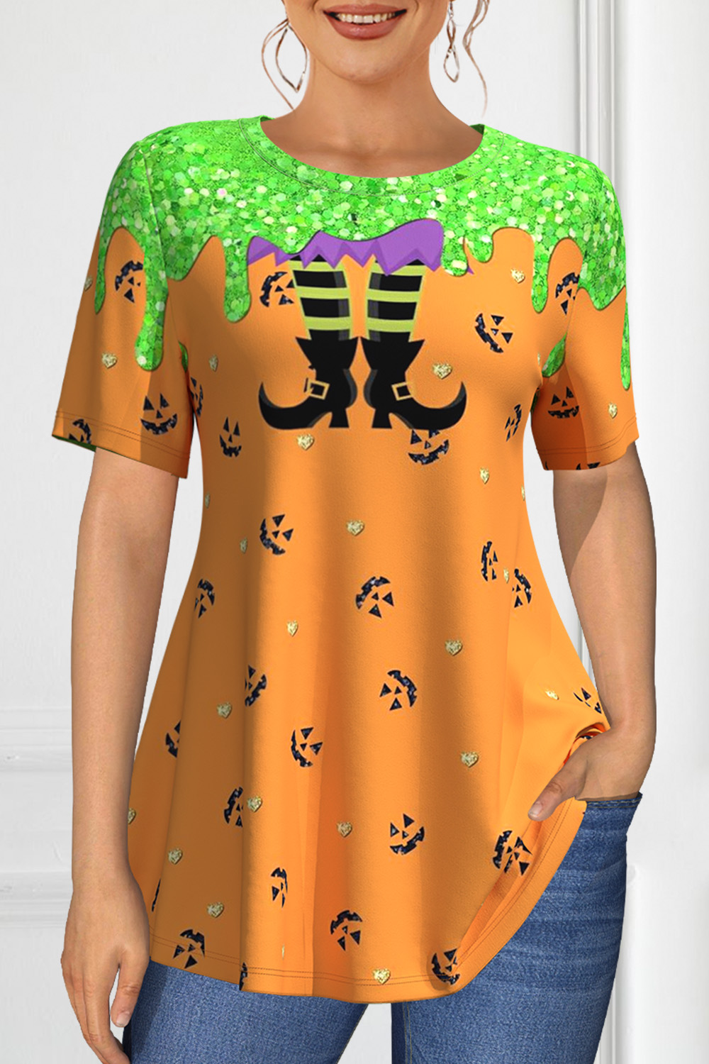 Flycurvy Plus Size Halloween Orange Contrast Color Clown Print T-Shirt