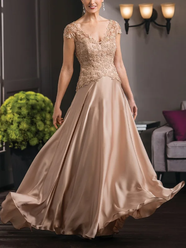 V Lace Solid Color Short-Sleeved Maxi Dress