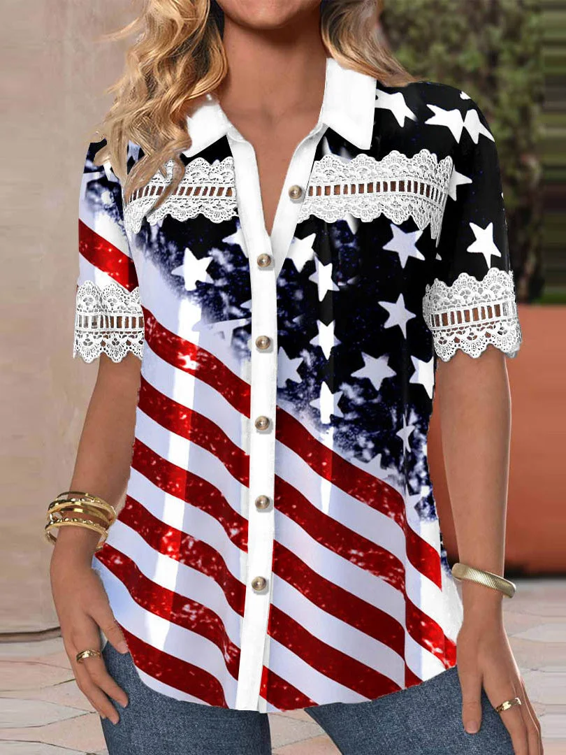 Women Short Sleeve V-neck Striped Star Printed Graphic Lace Hollow Stitching Button Tops